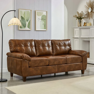 79" Three Seater Sofa Modern Design Faux Leather Couch,Living Room Sofa with Storage,Big Armrest Sofa,Upholstered Breathable PU Leather Sofa,Brown