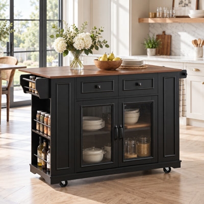 54" Rolling Kitchen Island with Power Outlet, Drop Leaf and Open Shelves