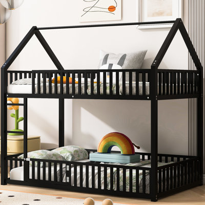 Twin Over Metal House Bunk Bed, Black - And Secure With Playful Environment Bed For Twin, Stable Construction Safe Space