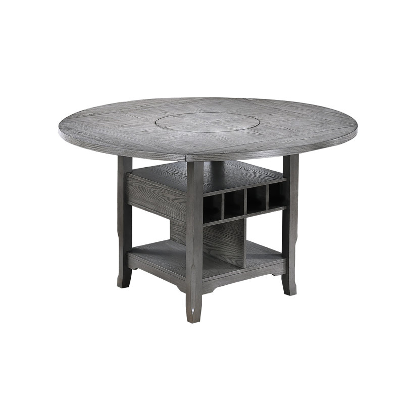 Table transitionnelle grise à hauteur de comptoir avec compartiments ouverts et paresseux intégrés pour les dîners de famille