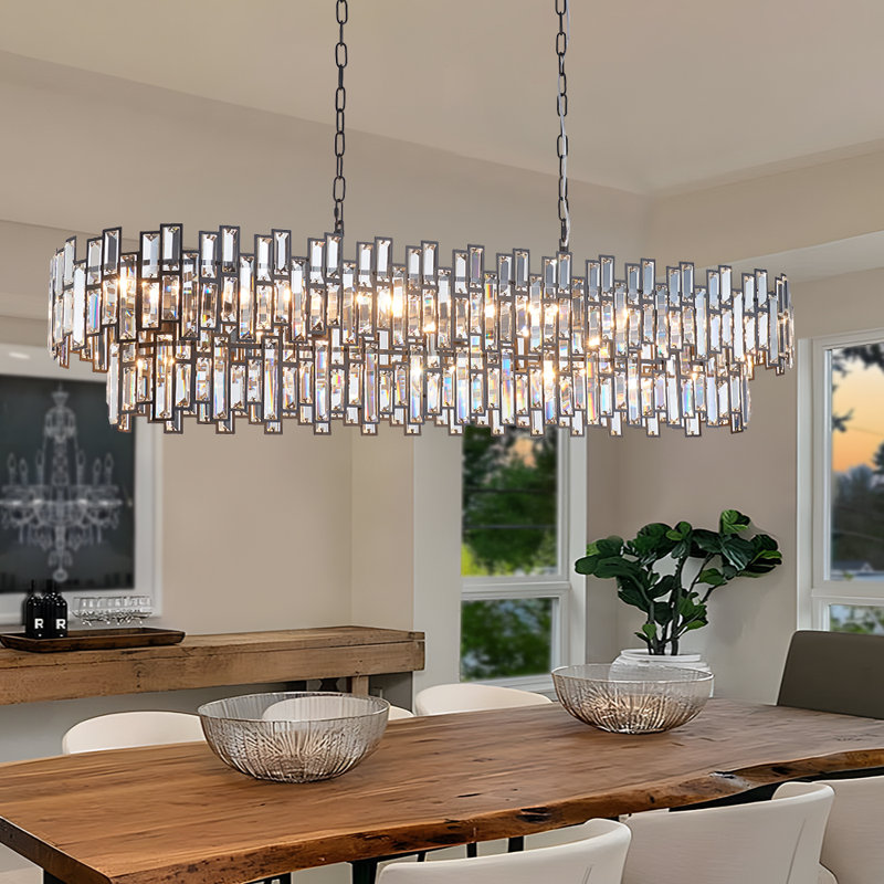 Light Dimmable Modern Rectangle Crystal Chandelier, Matte Black