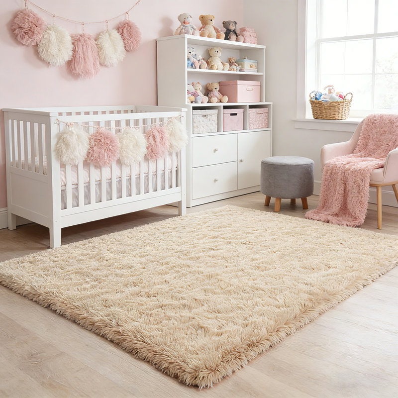 Soft Beige Plush Shag Rug, Warm Cozy Carpet for Living Room, Nursery and Dorm Room, Rectangle 6' x 8'11"