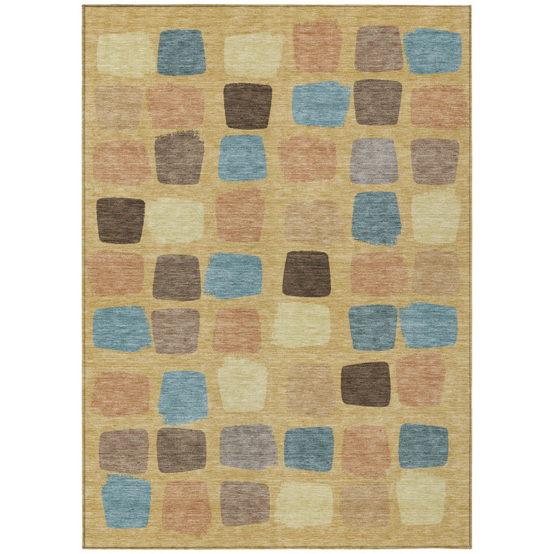 Machine Washable Indoor/Outdoor Chantille ACN2501 Squares Rug, Gold, 9' x 12'