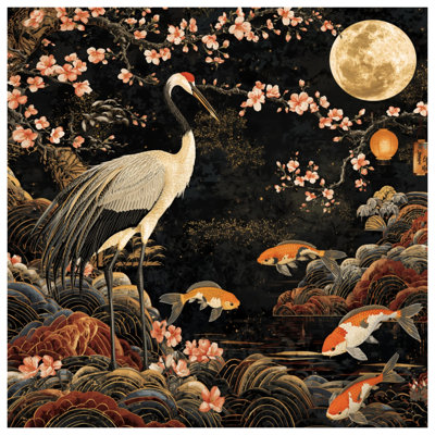 Crane Koi Moon Cherry Blossoms Duvet Covers