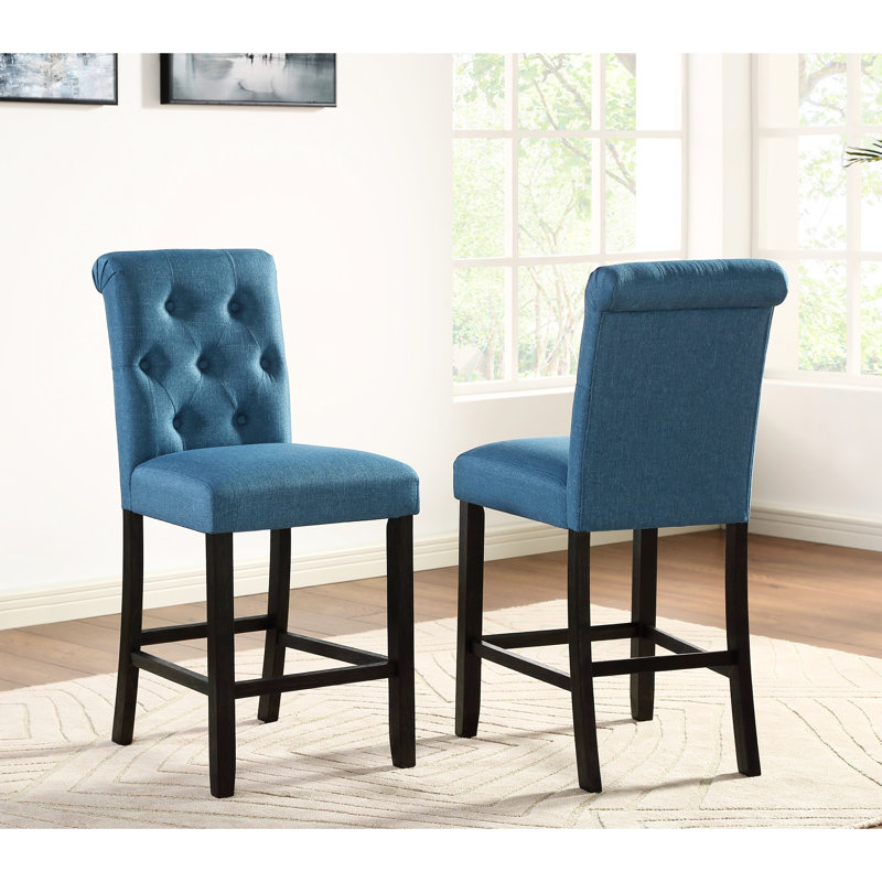 2 chaises bleues à hauteur de comptoir, avec dossier confortable et tabourets de pieds, de 2, dossiers rembourrés - colorés
