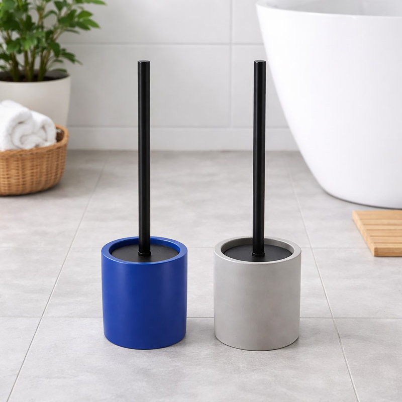 Concrete Cement Toilet Bowl Brush with Holder, Durable Bathroom Accessory Set, Grey, Grey