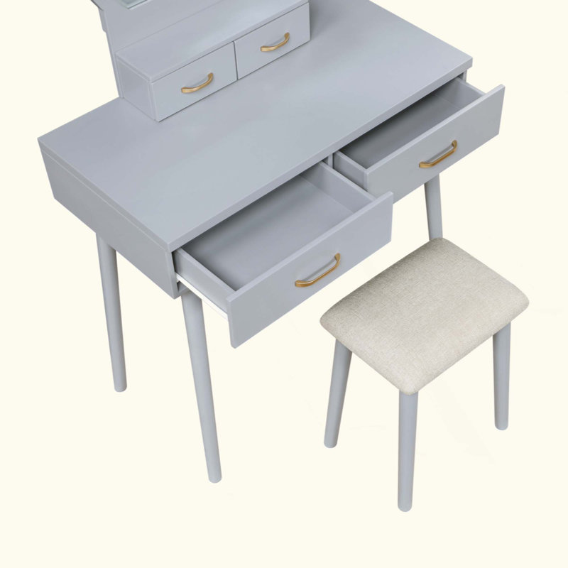Beautiful Vanity Dresser With Mirror And Stool Set Storage Drawers Luxury Furniture 1Pc LED Mirror, Gray