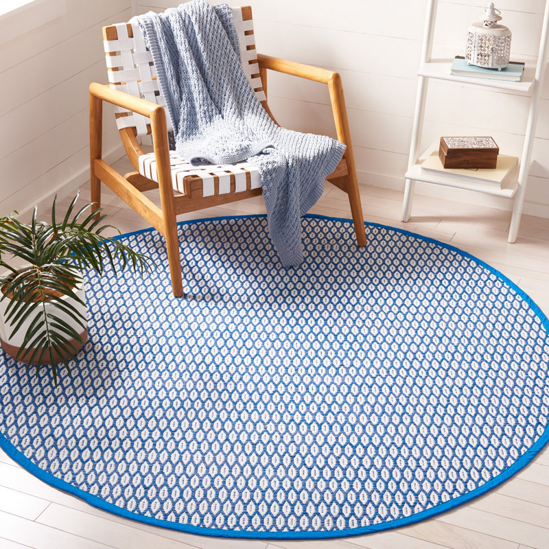 Tapis bleu / ivoire en coton tissé à plat Modena, Rond 6 pi