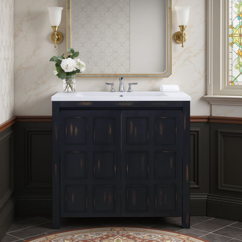 Meuble-lavabo rustique 36 po - finition vieillie, lavabo en céramique, fermeture en douceur?, Noir