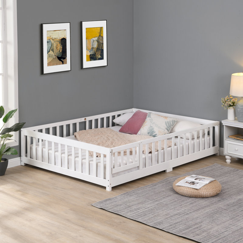  Lit de plancher avec porte, cadre de lit plateforme en bois avec clôture, Blanc, Double