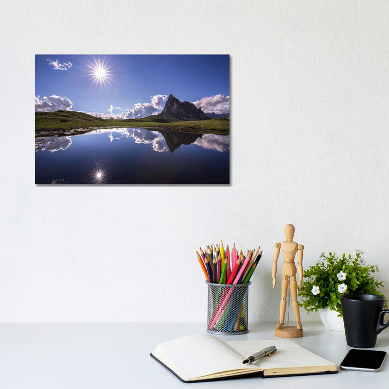 Italy, Dolomites, Giau Pass. Sun Reflection In Mountain Tarn. by Jaynes Gallery - Wrapped Canvas Print
