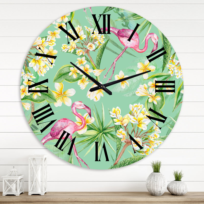 Horloge murale traditionnelle feuillage tropical, fleurs jaunes avec flamant V, Grand