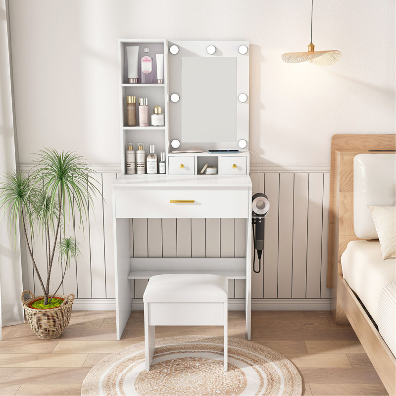 Table de coiffeuse avec miroir et lumières DEL réglables, prise de courant, support pour séchoir à cheveux et tabouret - coiffeuse compacte pour petites chambres
