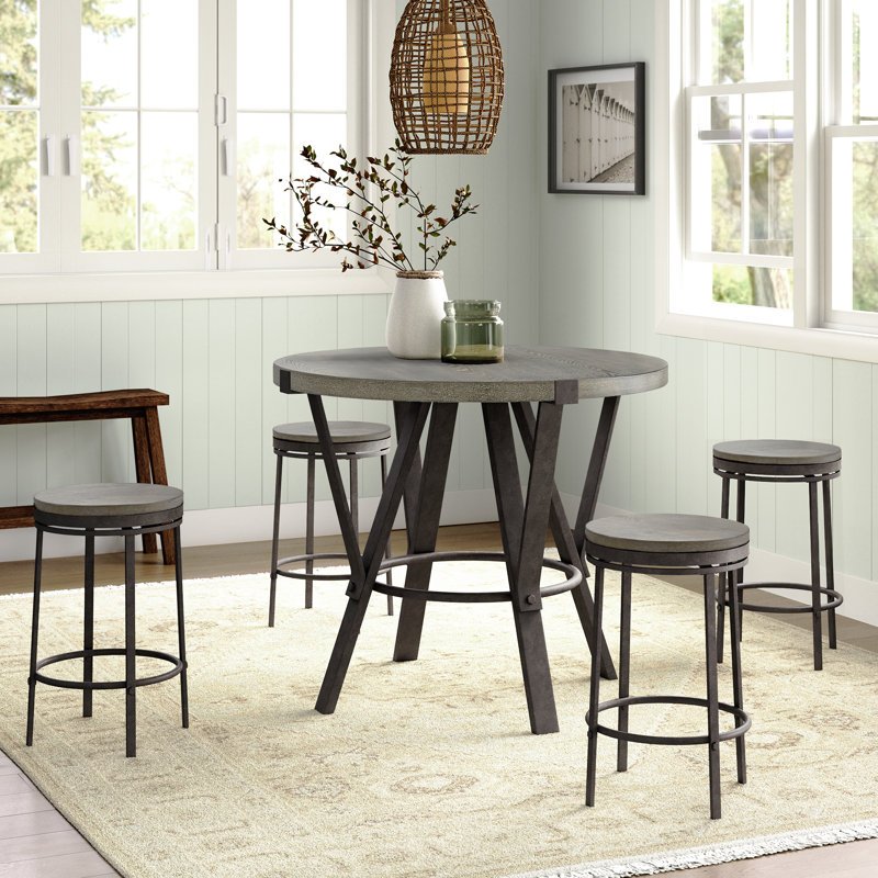 Bruce 42" W 5-Piece Solid Wood Top Dining Set with Swivel Stools, Gray, Gray