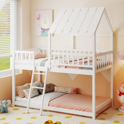 Twin Over Twin House Bunk Bed with Roof, Ladder & Full-length Guardrails for Kids Natural by Ophelia & Co.