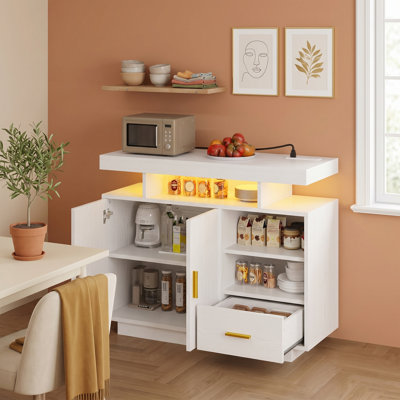 39.4" Black Sideboard Buffet Cabinet With LED Light And Power Outlet, 1 Drawer Modern Coffee Bar Open Shelf Console Table