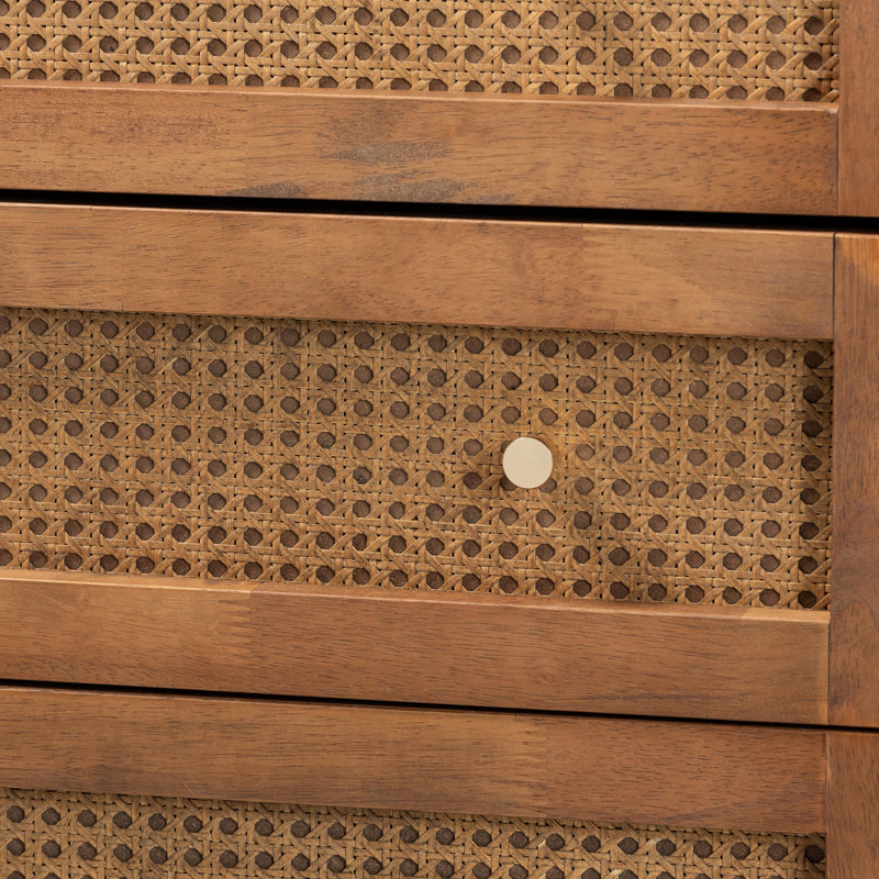 Walnut and Rattan Mid-Century 4-Drawer Chest