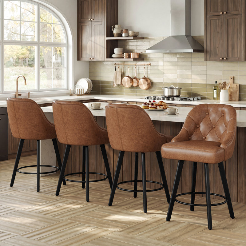 Swivel Upholstered Counter Stool with Solid Wood Frame, Grey Faux Leather, 1