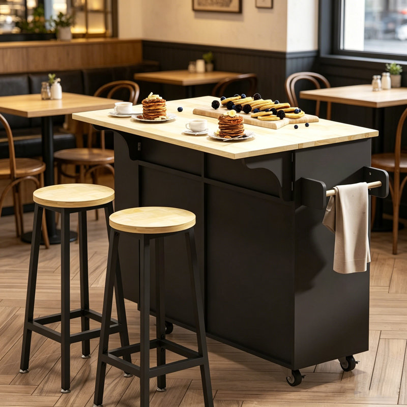 Kitchen Island with Drop Leaf,2 Drawers & Trash Can,Mobile Cart with Spice Rack,Black, Black