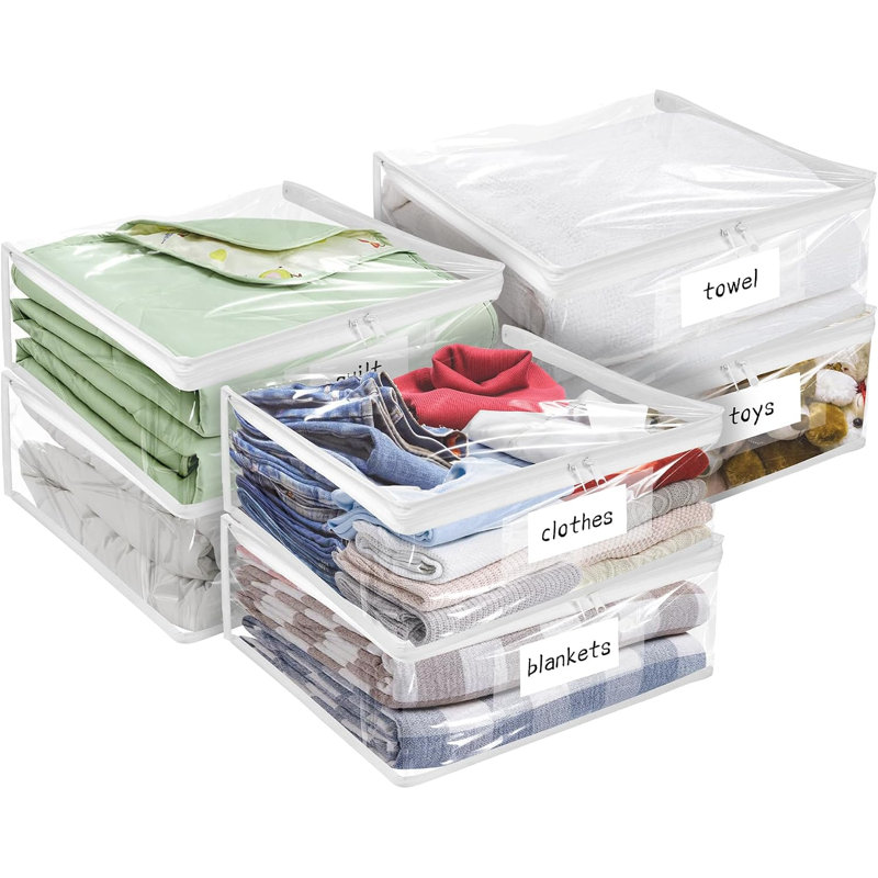 Lot de 6 sacs de rangement en plastique transparent avec fermeture éclair, en vinyle lisse, pour vêtements, literie, pulls, couettes, couvertures et draps, 40 x 35 x 10 cm, blanc transparent
