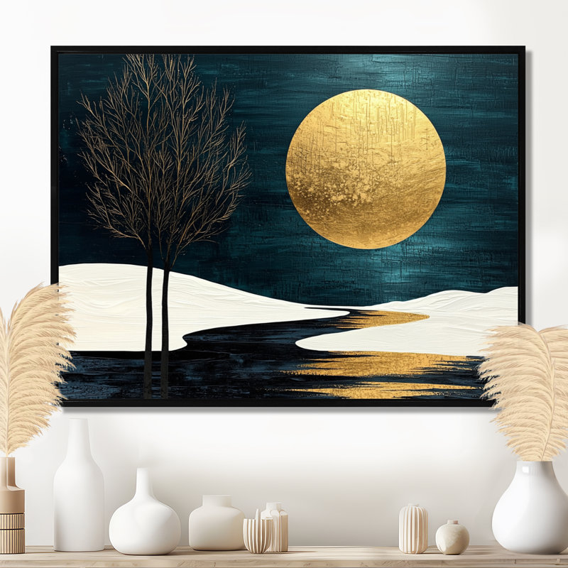 «Quiet Bold Mountain In Emerald Gold Harmony II», art mural grand lac, H 24 po x l 32 po, Impression encadrée flottante, Noir