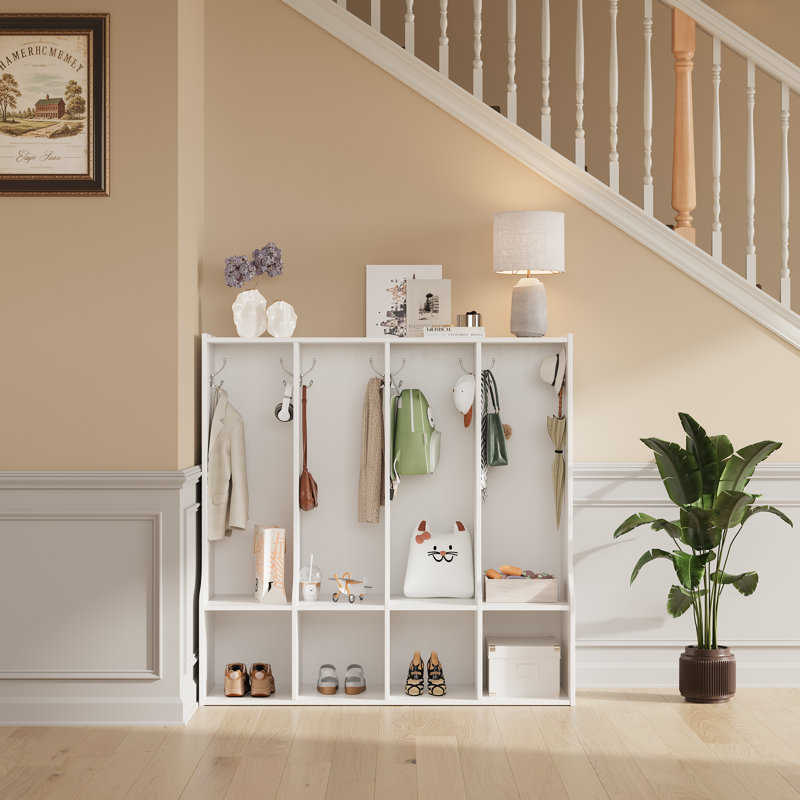 Casier de vestiaire de classe à 4 sections avec 4 casiers, organisateur de rangement pour casiers de garderie avec 8 crochets pour la maison, l'école, la maternelle, le blanc