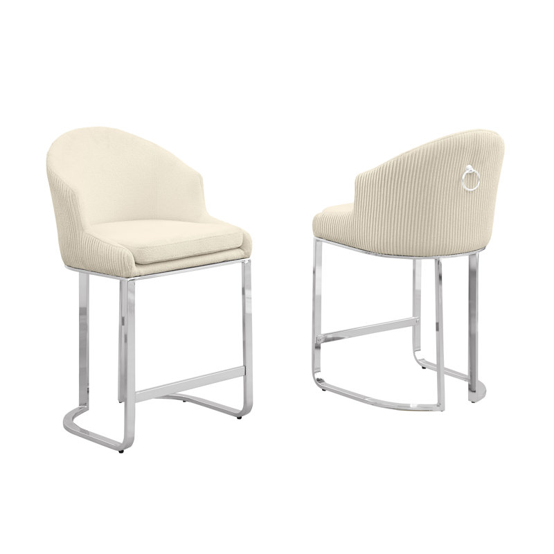 Tabourets de bar et de comptoir en tissu imitation fourrure avec dossier plissé, Crème, Argent argent