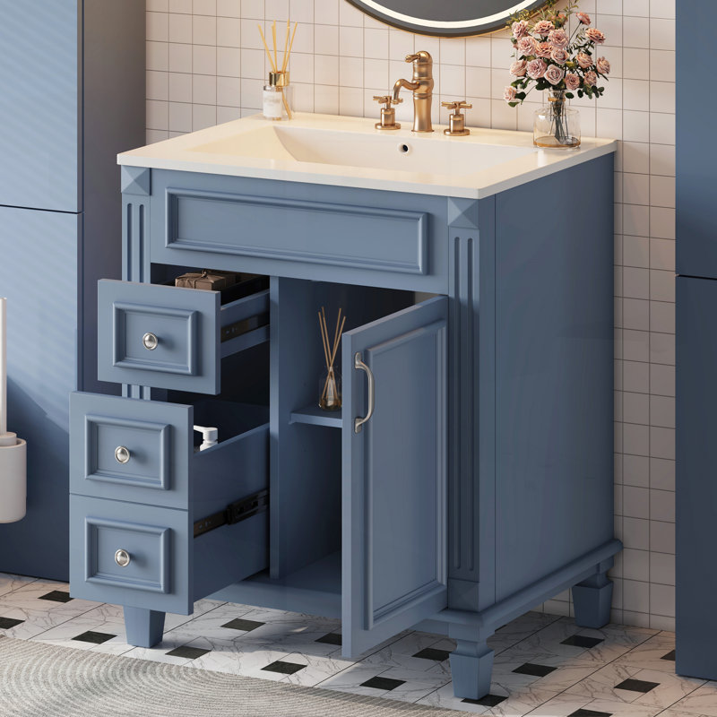 Meuble-lavabo de 24 po avec lavabo en céramique de conception compacte pour petits espaces d'inspiration française avec 2 tiroirs et tablette réglable