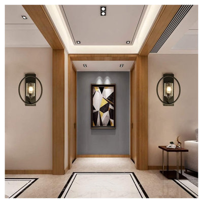 Ensemble de 2 appliques murales modernes en verre et métal noir de 15,3 po, luminaire intérieur/extérieur pour salon, chambre, couloir (ampoules non comprises)