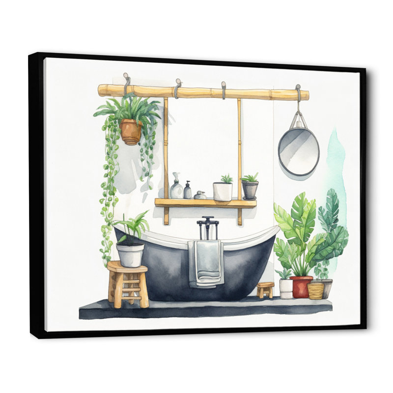 «Natural Bathroom Decor III», reproduction sur toile encadrée, Cadre flottant noir, H 34 po x l 44 po x P 1,5 po