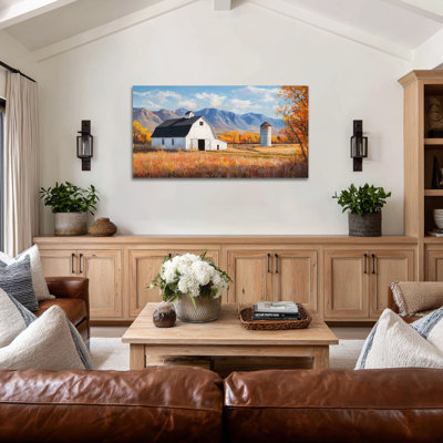 Automne, art mural paysage d'automne, maison de campagne d'automne, reproduction d'art de grange rétro, impressions sur toile de paysage rustique pour salon, cadre mural de décoration murale, 16 po x 32 po
