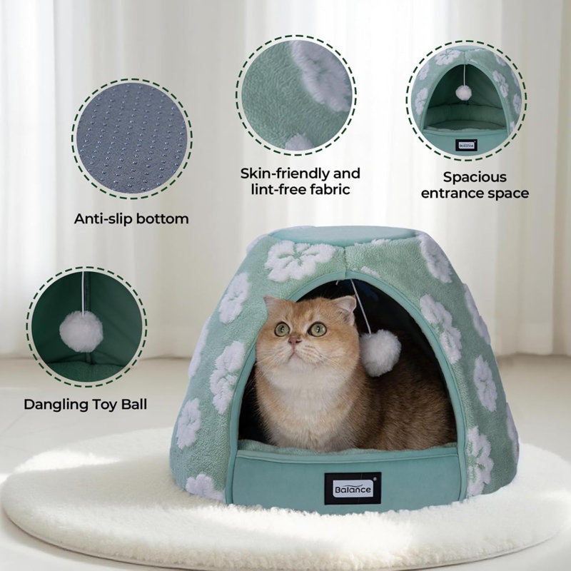 Lits pour chats pour chats d'intérieur, grotte pour lit de chat 2-en-1 avec fond antidérapant et peluche ultra-douce, tente confortable pour chatons et petits chiens, 19 pouces, vert