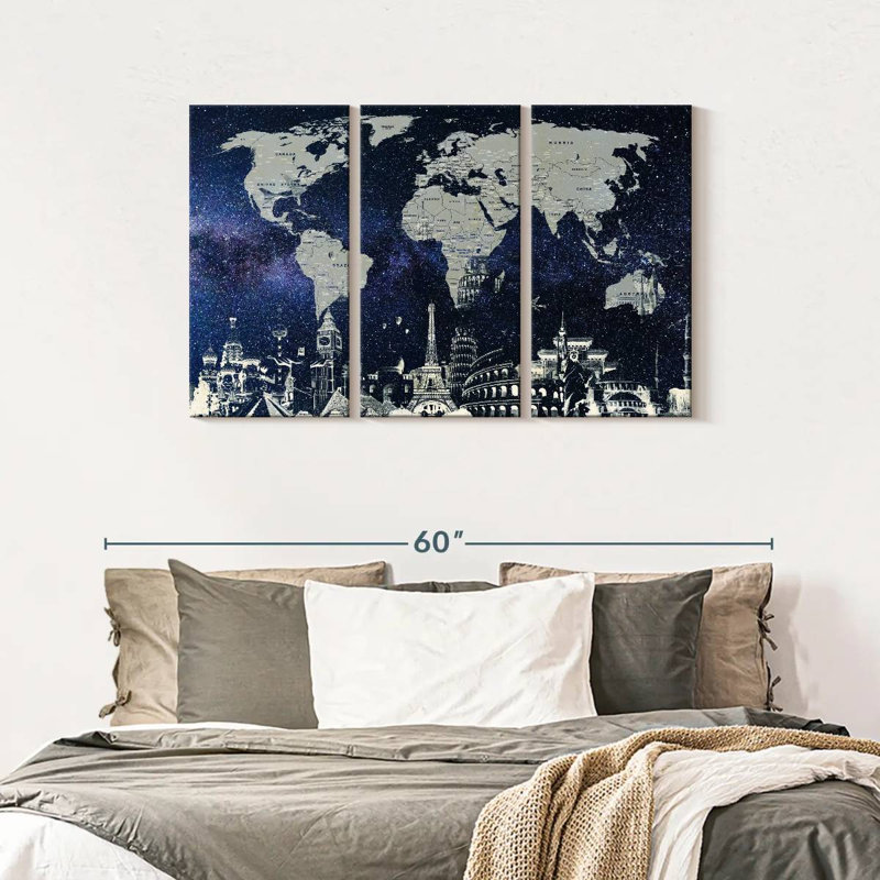Carte du monde étoilé 3 pièces, H 45 po x l 28 po x P 1,25 po