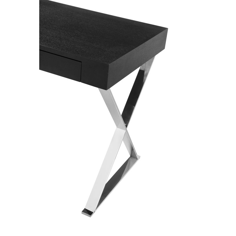 Alexa Contemporary Black Wood top Writing Desk with Polished Steel/Metal X-Base and 2 Storage Drawers, Black/Silver