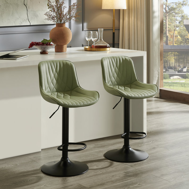 Roundhill Furniture Kovyn Contemporary Adjustable Barstool With Faux Leather Swivel Seats, Set Of 2, Green, Green