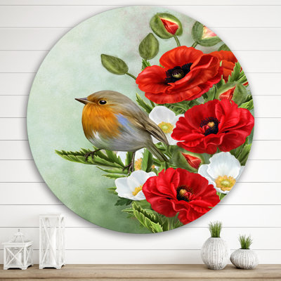 Oiseau jaune avec coquelicots rouges et anémones blanches - Cercle en métal traditionnel