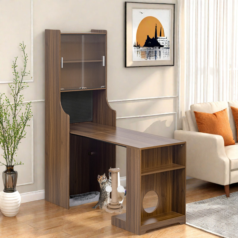 Mid-century Multi-use Extenable Cabinet Desk With Storage Peg Board, Storage Cabinet With Sliding Glass Doors, Led Light, Free Cat Cushion And Cat Toy