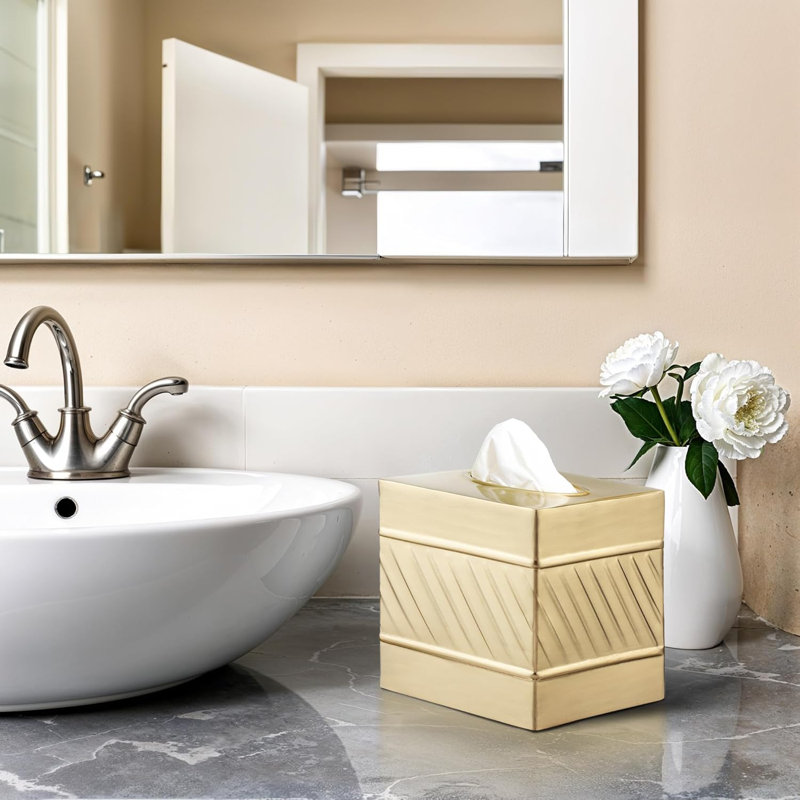 Wave Embossed Metal Tissue Box Cover, Brushed Gold