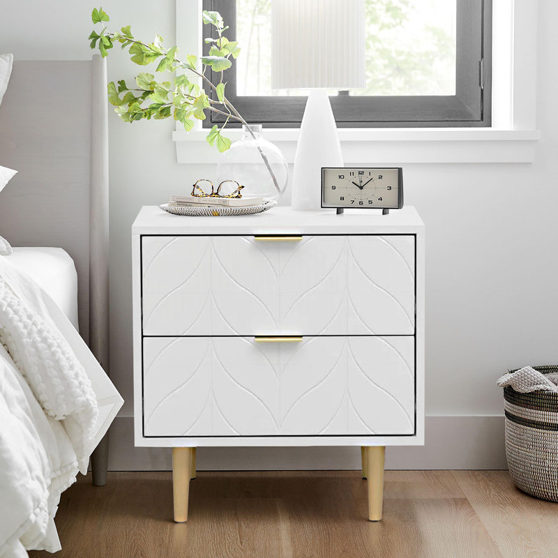 Kham Classic 2-Drawer Wood Nightstand, Bronze Trim, 53x50x40cm, White