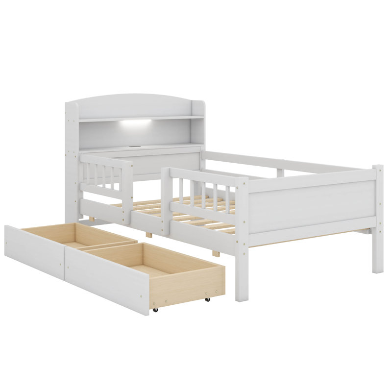 Lit plateforme moderne en bois simple équipé d'un éclairage à DEL, de rails de sécurité polyvalents pour la tête de lit et de deux tiroirs
