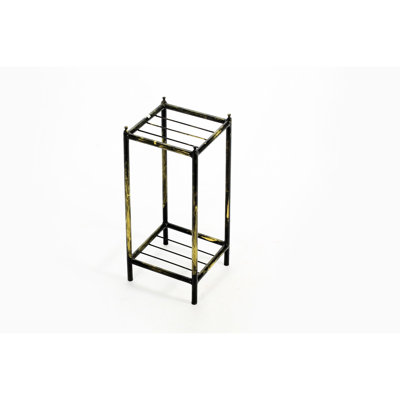 Petit support de plante carré à 2 niveaux, dalle de pierre grise de 17 po, métal coulé noir doré et fissure à la décoloration robuste, conception complexe à 3 trèfles, support de 7,5 po x 7,5 po x 17 po avec carré, construction noire / or