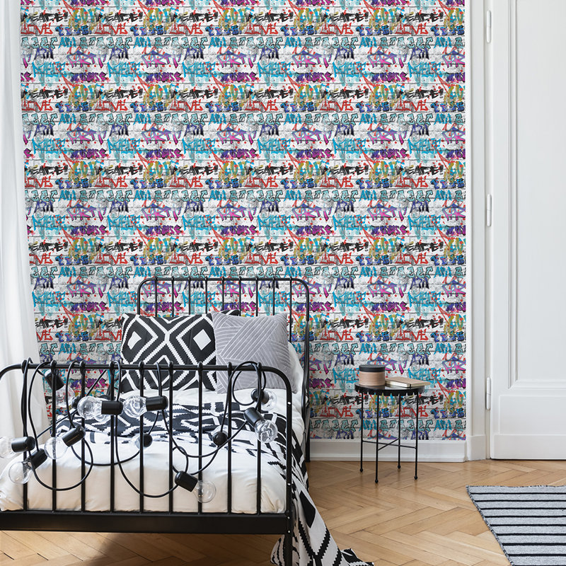 Fresco Brick Wall Effect Multicoloured Graffiti Print Wallpaper, White/Blue/Pink