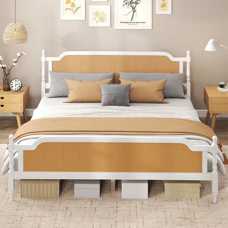 Platform Bed Frame with Natural Rattan Headboard and Footboard, Bohemian and Mid Century Style, Brown/White, Queen