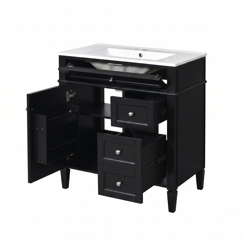 Meuble-lavabo autoportant en bois aggloméré 30 po avec lavabo en céramique blanc, armoire de salle de bain noire avec 2 tiroirs, tablettes de porte réglables et tiroir basculant