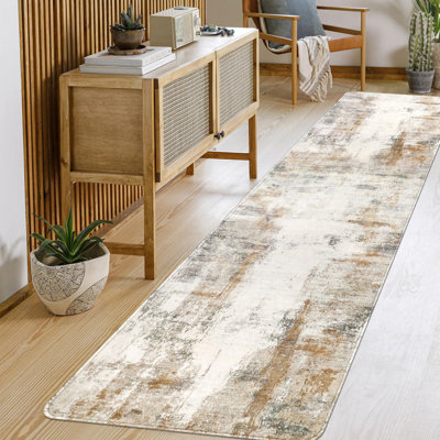 Runners For Hallways Non Slip, Modern Abstract Washable Runner Rug, Soft Hallway Rug Pet Friendly Faux Wool Low Pile Carpet Floor Runner For Kitchen Bathroom Bedroom(Beige/Camel)