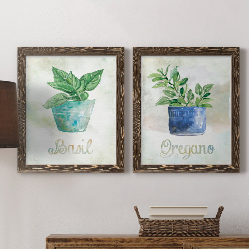 Basilic en pot - ensemble de 2 peintures sur toile encadrées, H 31,5 po x l 47 po x P 1,5 po, Encadré de bois de noyer