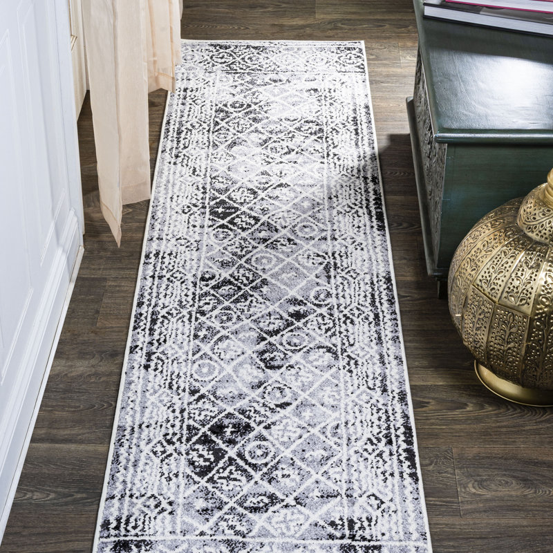 Maidste Moroccan Geometric Distressed Ivory/Black Rug, Runner 2' x 10'