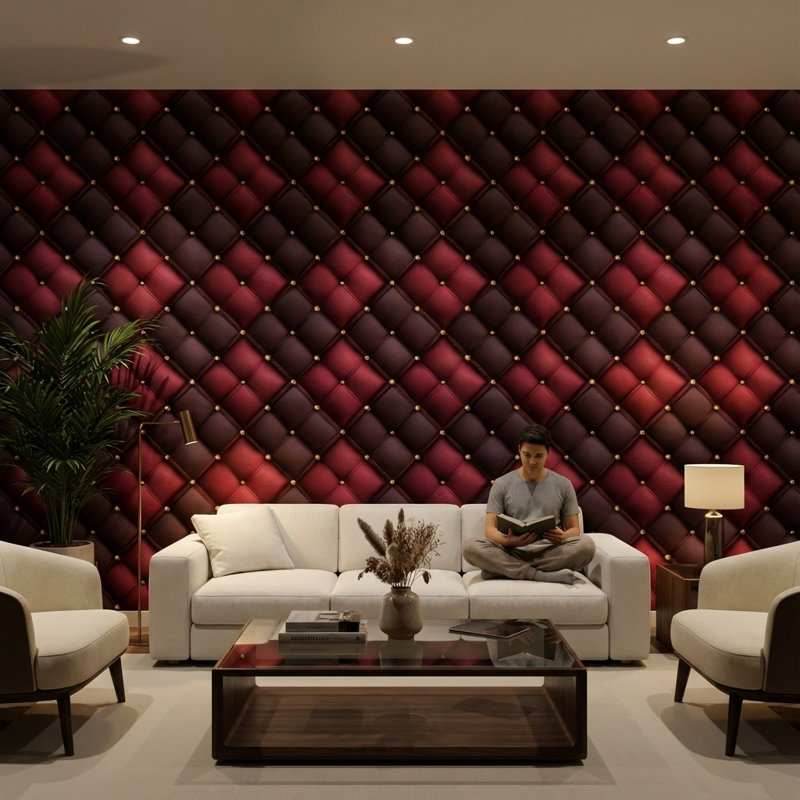 Papier peint géométrique matelassé rouge mural, Peel and Stick