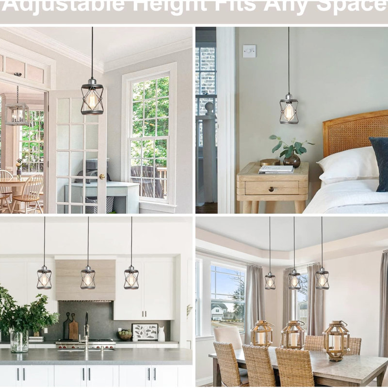 Mini-luminaire suspendu rustique réglable en forme de cage en argent pour café, vestibule - E26, base industrielle avec espace intérieur gris, sous-sol, luminaire encastré