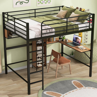 Lit mezzanine en métal et bois avec bureau en L et tablettes